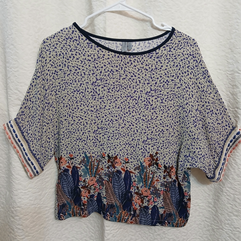 Blink London Elegant Navy and Cream Women's Blouse With Floral Design.